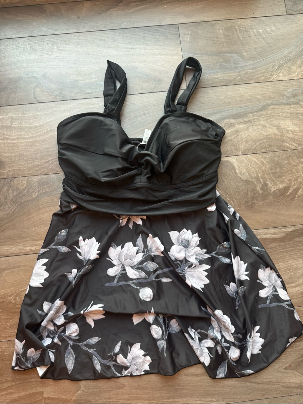 Women’s 18W- Black Floral Swimdress with Built-In Bust Support